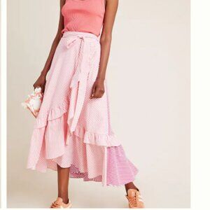 NWT Anthropologie Maeve Penny Ruffled Midi Skirt Pink Striped Tiered Boho XS